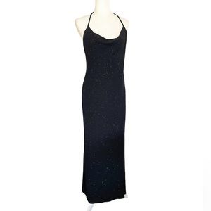 Jump Apparel Metallic Black Halter Open Back Y2K Prom Maxi dress size 11/12